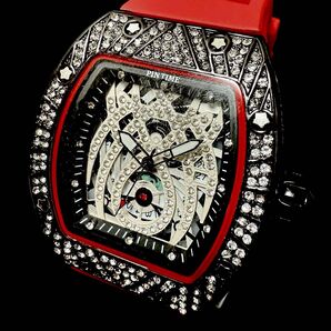 新品 PINTIME トノー オマージュウォッチ ラバーストラップ メンズ腕時計 レッド