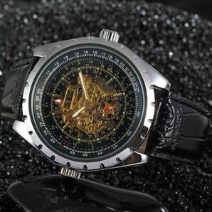 新品 JARAGAR 自動巻機械式腕時計 メンズウォッチ レザーベルト ブラック&シルバーG