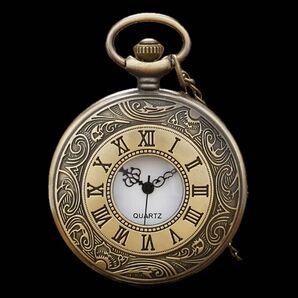 新品 ポケットウォッチ ラウンドフェイス メンズ懐中時計 クォーツ ブロンズ CENTERHOLE ホワイトフェイス アラビア数字