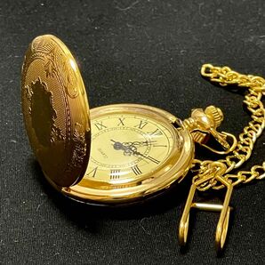 新品 ポケットウォッチ ラウンドフェイス メンズ懐中時計 クォーツ フルゴールドII