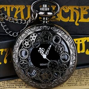 新品 ポケットウォッチ ラウンドフェイス メンズ腕時計 懐中時計 クォーツ ブラック センターホール ギア