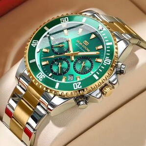 新品 VA VA VOOM クロノグラフメンズウォッチ グリーンフェイス コンビベルト腕時計 バタフライクラスプ