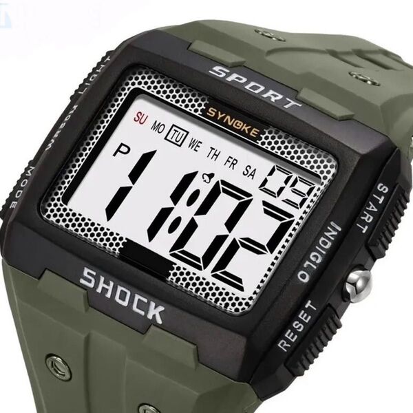 新品 SYNOKE ビッグフェイスデジタル 防水 デジタルストップウォッチ メンズ腕時計 スクエア ブラック モスグリーン9818