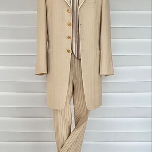 タキシード 新郎 ウェディング ベージュ系ストライプ ベスト付き ネクタイ付き ALサイズ ブライダル撮影 前撮り 舞台衣装