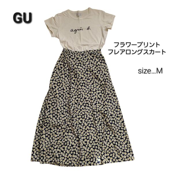 ジーユー GU フラワープリント フレアーロングスカート 小花柄 ネイビー Mサイズ ロング