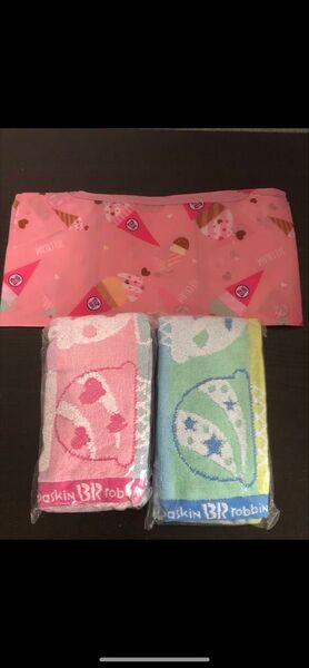 サーティワンアイスクリーム フェイスタオル 2色セット ピンク・グリーン、エコバッグ