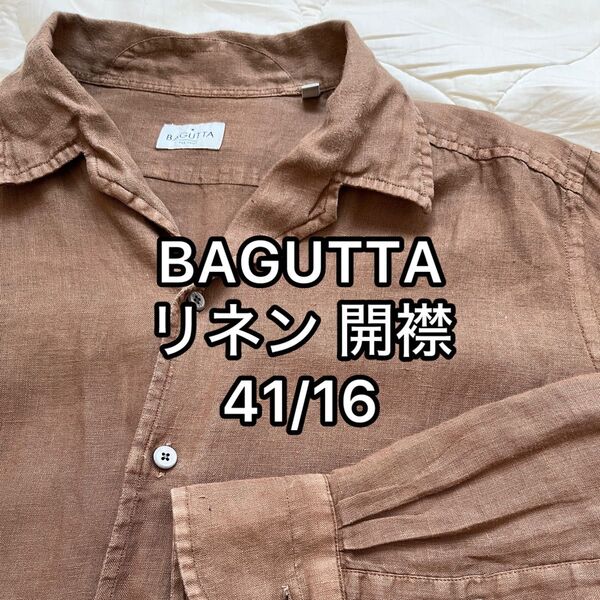 41 ブラウン BAGUTTA リネン オープンカラーシャツ L XL / バグッタ 開襟シャツ