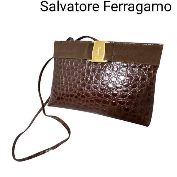 【Salvatore Ferragamo】サルヴァトーレ フェラガモ ショルダーバッグ クロコ型押し ゴールド金具 レザー