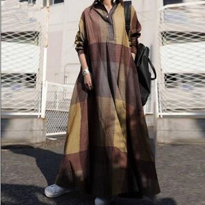 マキシワンピース ワンピース 長袖 体型カバー カジュアル チェック柄 きれいめ ゆるだぼ 大人気 抜け感