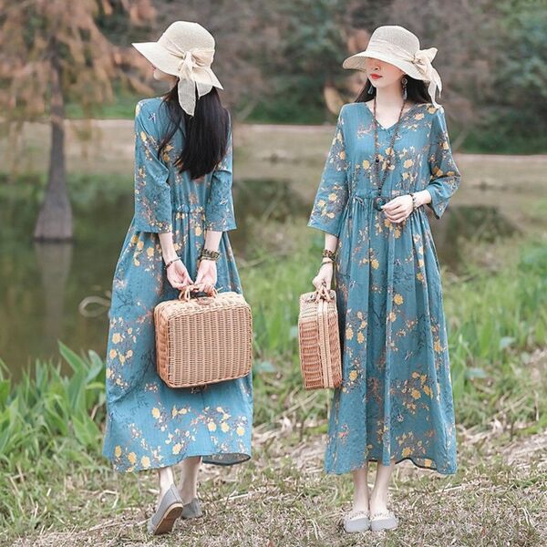 ワンピース 七分袖 花柄 ハイウエスト ゆったり ワンピ ロング丈 夏