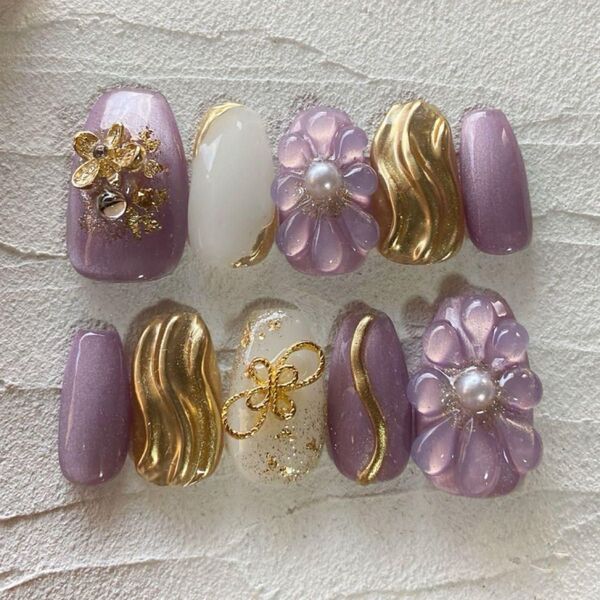 ぷっくりフラワーネイル 花 紫 パープル マグネット ゴールド ホワイト 白 リボン 金箔 成人式 卒業式 振袖 袴 パール 透
