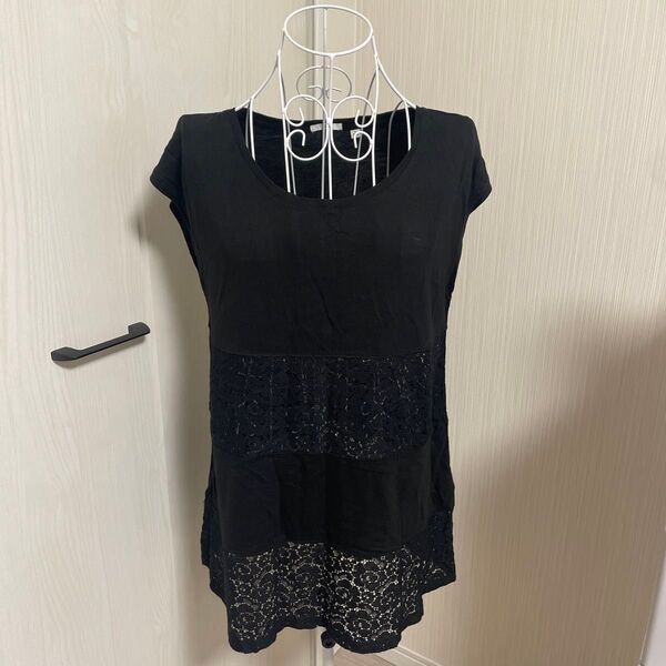 ★2点で500円対象 ユニクロ レース ロングTシャツ ブラック Lサイズ