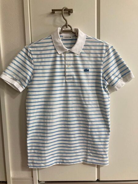 LACOSTE 半袖ポロシャツ ボーダー柄 ホワイト×ブルー サイズ3