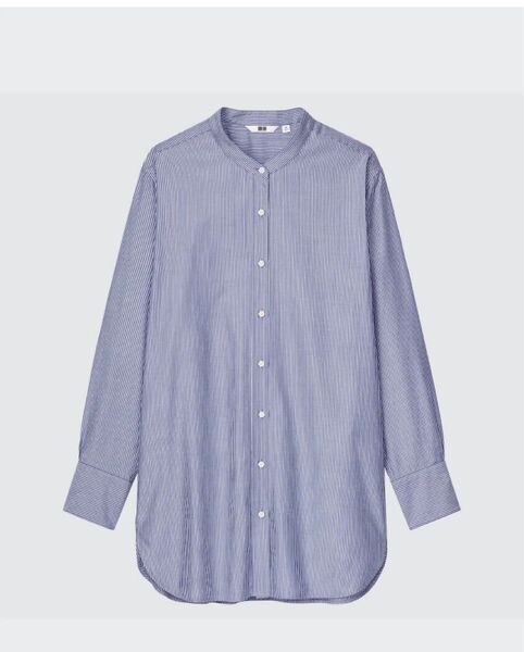 【UNIQLO】美品 コットンツイルストライプスタンドカラーロングシャツ