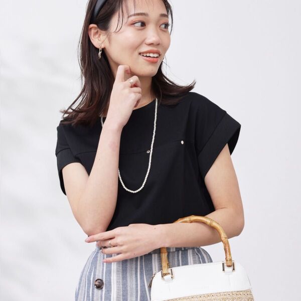 【Chez toi】シェトワ 機能素材リブ切替フレンチT ブラック