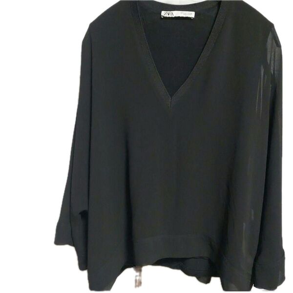 ZARA ザラ Vネックインナー付きシースループルオーバー トップス L 黒