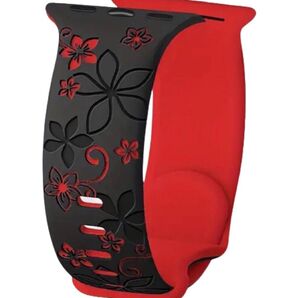アップルウォッチ 花柄 シリコン バンド フローラル彫刻 ブラック/レッド ツートンカラー 人気 38/40/41mm♪