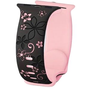 アップルウォッチ バンド シリコン ブラック/ピンク ツートンカラー 花柄 フローラル彫刻 人気 42/44/45/49mm♪