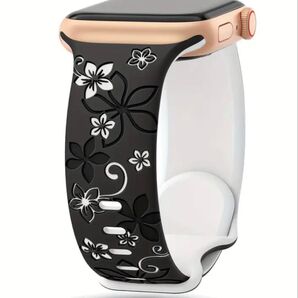 アップルウォッチ 花柄 シリコン バンド フローラル彫刻 ブラック/ホワイト ツートンカラー 人気 38/40/41mm♪