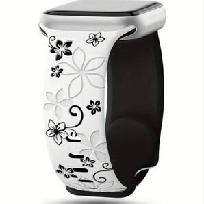 AppleWatch アップルウォッチ バンド ホワイト/ブラック 花柄 シリコン フローラル彫刻 38/40/41mm 人気♪