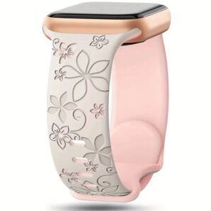 アップルウォッチ バンド シリコン ミルキー/ピンク ツートンカラー 花柄 フローラル彫刻 人気 42/44/45/49mm♪
