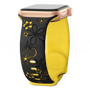 アップルウォッチ バンド シリコン ブラック/イエロー ツートンカラー 花柄 フローラル彫刻 人気 42/44/45/49mm♪