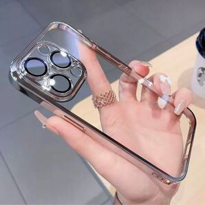 iPhone15Pro シルバー メッキ加工 クリア ケース シルバー カメラ レンズ フルカバー 高級感 人気♪