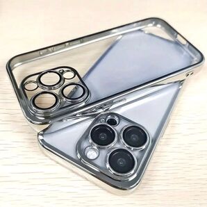 iPhone15 Pro クリア メッキ ケース シルバー カメラ レンズ フルカバー メッキ加工 高級感 人気♪