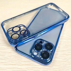 iPhone14 Promax クリア メッキ ソフト ケース ライトブルー カメラ レンズ フルカバー メッキ加工♪