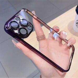 iPhone15 Promax クリア メッキ ケース パープル カラー カメラ レンズ フルカバー メッキ加工 人気♪