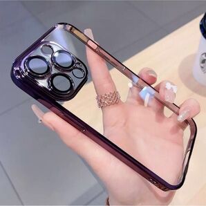 iPhone15Promax クリア メッキ ケース パープル カラー カメラ レンズ フルカバー メッキ加工 人気♪