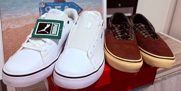 PUMA Vコートバルク EBローカット 27cm/ホワイトVANS エラV95FLN 27cm/バーガンディ 2セット商品