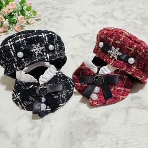 【ブラック&レッド】ぬい服 10㎝ 〜 12cm用 帽子 ポンチョ セット ぬいぐるみ服 ベレー帽 マントコート 赤 黒