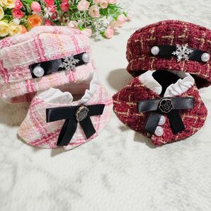 【ピンク&レッド】ぬい服 10㎝ 〜 12cm用 帽子 ポンチョ セット ぬいぐるみ服 ベレー帽 マントコート 赤 桃色