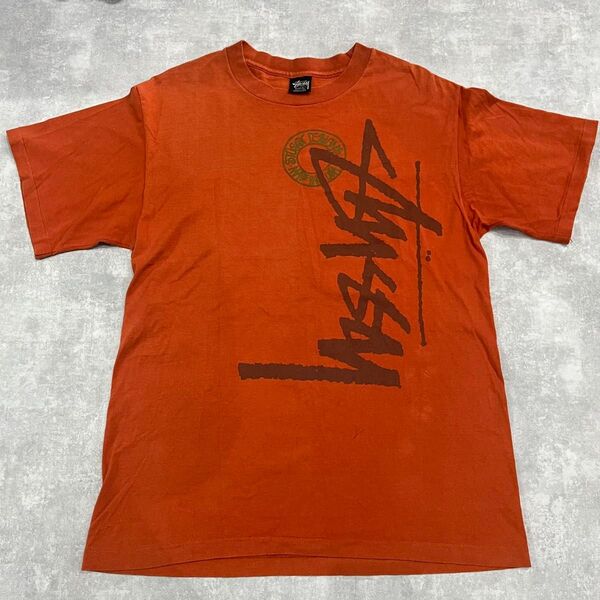 80s STUSSY Tシャツ 黒タグ USA製 ロゴプリント オレンジ