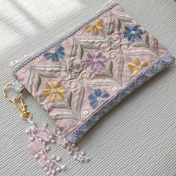 花柄インド刺繍リボンポーチ ピンク ポーチL ハンドメイド 47