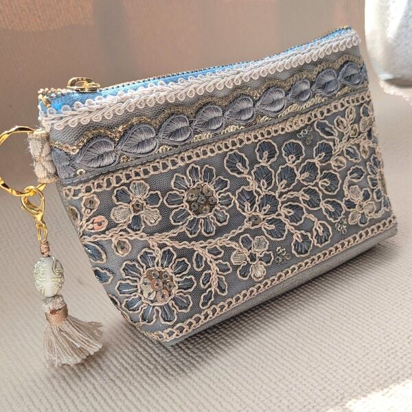 インド刺繍リボンポーチ 50ブルー系 ハンドメイド ポーチ