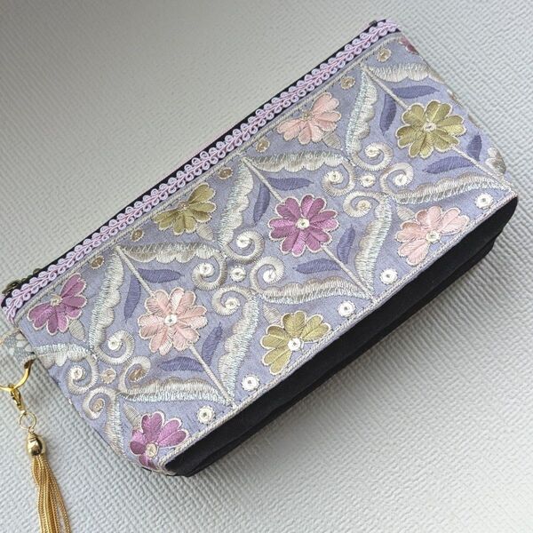 インド刺繍リボンポーチ 53.ラベンダー ハンドメイド マチ付きポーチ