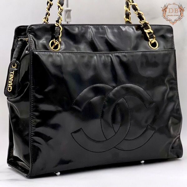 シャネル デカココ チェーンショルダー ブラック パテント トート ゴールド金具 CHANEL レディース バッグ 肩掛け 黒 金