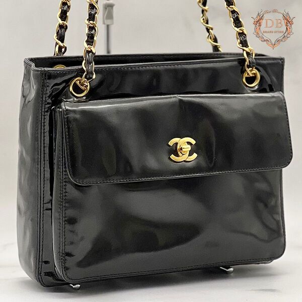 シャネル ターンロック チェーショルダートート ブラック 肩掛け パテント 黒 CHANEL レディース バッグ ゴールド金具