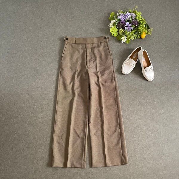 アダムエロペ パンツ ストレートパンツ センタープレス ウエスト調節 チェック 総柄 茶色 36