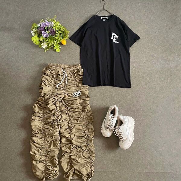 デュアリズム Tシャツ パンツ 2点セット ロゴプリント ギャザー ウエストゴム スポーティ カジュアル 黒 カーキ M