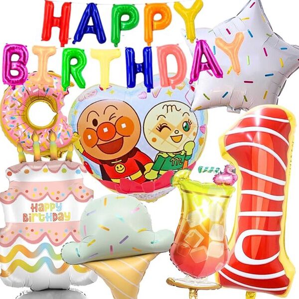 【アンパンマン バルーンセット 1歳お誕生日用】飾り付け風船 HappyBirthday ガーランド付き (スイーツ,数字1)