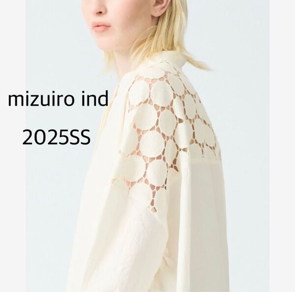 2025SS mizuiro ind ミズイロインド 現行 レースミックス スタンドカラー シャツワンピース