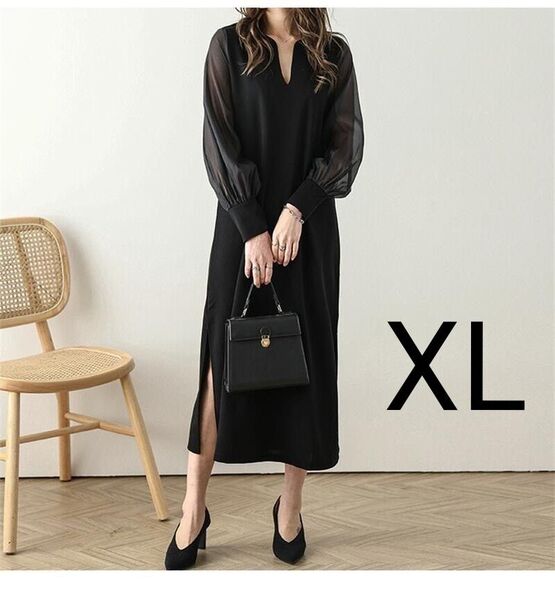 シフォンスリーブ ロング ワンピース XL ブラック シアー スリット ネックデザイン 長袖 フォーマル 長袖ワンピース