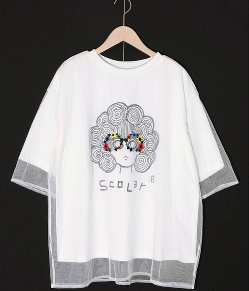 スカラー scolar 152669:花メガネ刺繍 スカラーちゃんチュール重ねプルオーバー