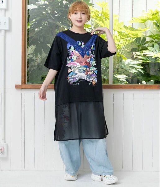 スカラー scolar 152666:スカラーキノコ柄 レース×シフォン切替ワンピース