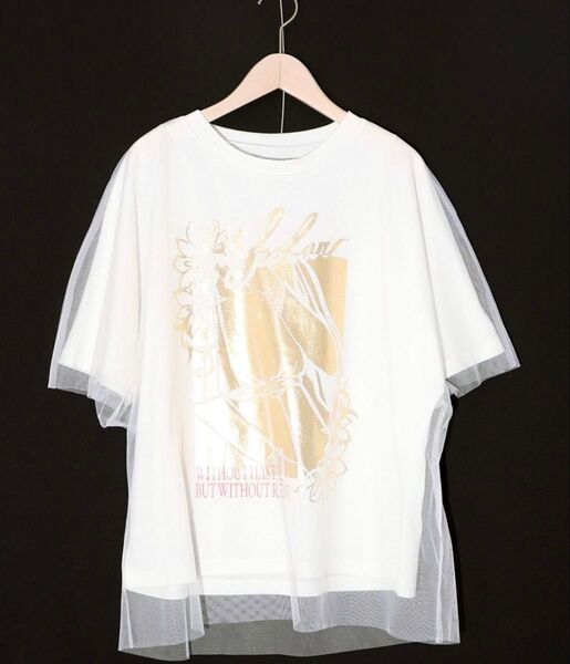 is scolar イズスカラー 552201:ワンシーン箔プリント チュール重ねTシャツ