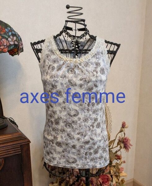 ◆再お値下axes femme◆花柄パールビジュータンクトップレースアップ トップス