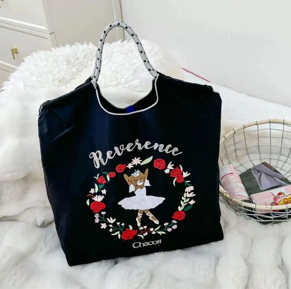 バレエ 刺繍 エコバッグ M ブラック 黒 Ball&Chain 撥水 軽量 大容量 折りたたみ可能 コンパクト収納 買い物袋